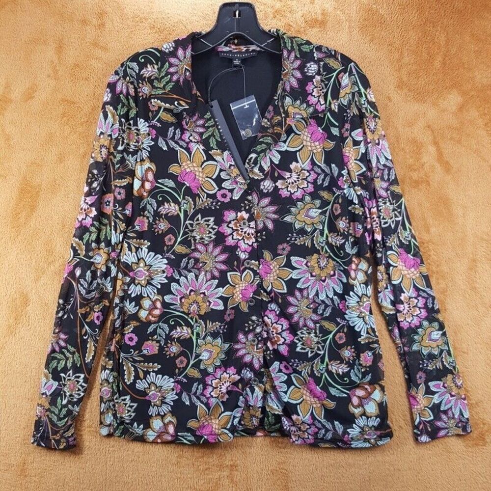 JANE + DELANCEY Top Womens Medium Black Floral Button Up Mesh Sheer Sleeve